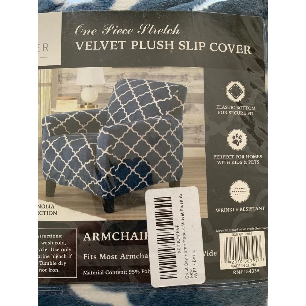 Sofa Saver One Piece Stretch Velvet Plus Slip Cover Armchair up to 43" Wide Blue